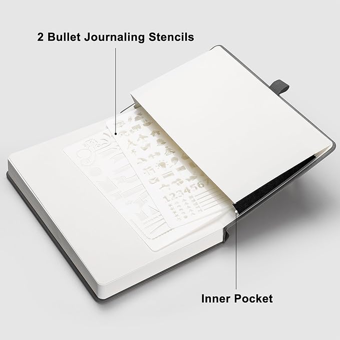 RETTACY Dotted Journal Notebook, 192 Pages, A5 Medium Size (5.7'' x 8.3''), Leather Hardcover, 100 GSM Thick Paper, for Bullet Journaling, Planning, Tracking (Gray)