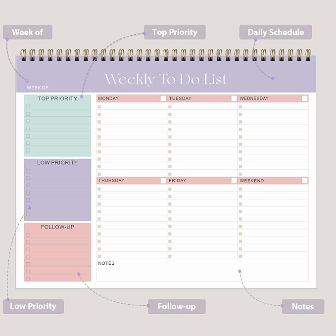 Weekly To Do List Notepad, Undated Planner with 52 Sheets (8.5''x11''), Desk Weekly Planner for Women & Man, Home School & Work (Pack of 2)