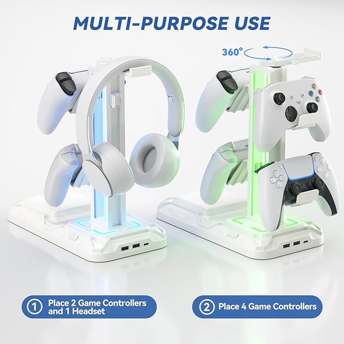 KDD RGB Headphone & Controller Stand with Wireless Charging - Rotatable Headset Stand with 9 Light Modes - Controller Holder with 2 USB and Type C Ports - for Gamers Desktop Accessories(White)