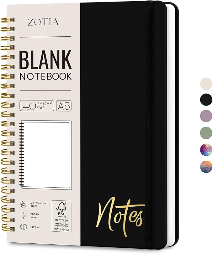 Blank Spiral Journal Notebook for Women, A5 Blank Notebook Journals for Writing, Hardcover Notebooks for Work, Note taking and Office School Supplies,140 Pages - Black