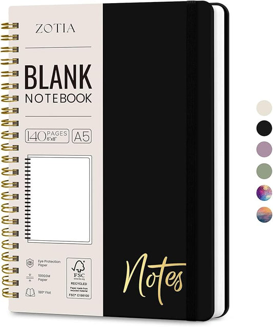 Blank Spiral Journal Notebook for Women, A5 Blank Notebook Journals for Writing, Hardcover Notebooks for Work, Note taking and Office School Supplies,140 Pages - Black