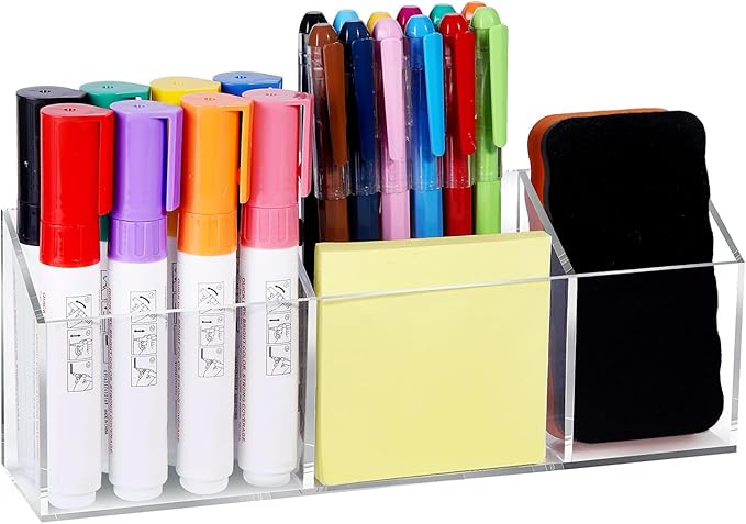 Ameceres Magnetic Pen Holder Classroom Organization Acrylic Marker Holder for Whiteboard Refrigerator Locker Accessories Pencil Dry Erase Marker Basket (3 Compartments * 1)