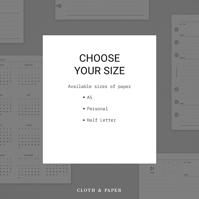 Cloth & Paper 2026 Dated Daily Planner Inserts - Monday Start | A5 Size 5.8 x 8.3 Inches | 6 Ring Planner Refills | 2 Days Per Page | Minimalist Daily Organizer Pages | Heavyweight Paper