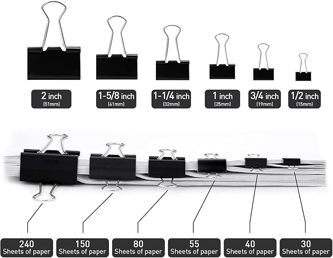 Medium Binder Clips, 144 Pack, 1 Inch, Black, Standard 25mm, Capacity 0.47 Inch, Small Metal Paper Clips, Fold Clamp, Office and School Supplies