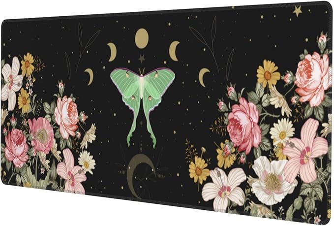 Moon Phase Moth Garden Black XXL XL Large Gaming Mouse Pad for Desk, Non-Slip Long Extended Keyboard Pads Mousepad Rubber Table Mat 31.5 X 11.8 Inch