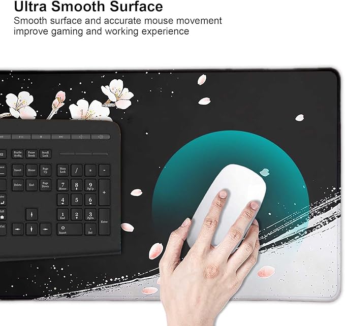 Black and White Japanese Cherry Blossom Large Mouse Pad, Desk Mat Computer Keyboard Pad Non-Slip Rubber Base Waterproof with Stitched Edges for Laptop Gaming, Office & Home 31.5 x 11.8 Inch