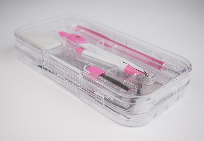 9-piece set back-to-school kit , packed in a reusable plastic box,two triangles, a protractor, a 15-centimeter ruler, a compass, a mechanical pencil with extra lead, and an eraser.