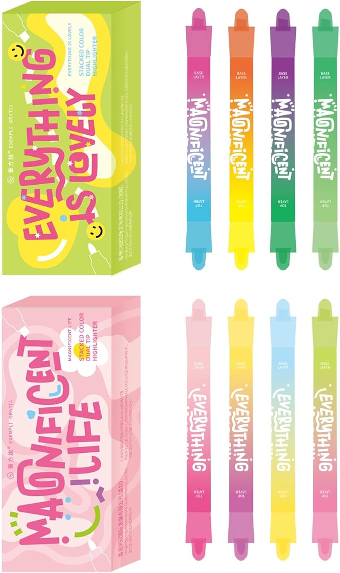 Dual Tip Pastel Highlighters, 8 Colors, 4-Pack, No Bleed Quick Dry Ink, Chisel and Bullet Tips (DOpamine+macarom).
