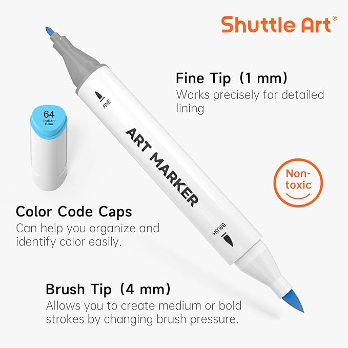 Shuttle Art Brush Tip Alcohol Markers, Dual Tip Brush & Fine Tip Art Marker Set, 89 Colors Marker Pens with Organized Case Perfect for Illustration Kids Students Adults Coloring Sketching