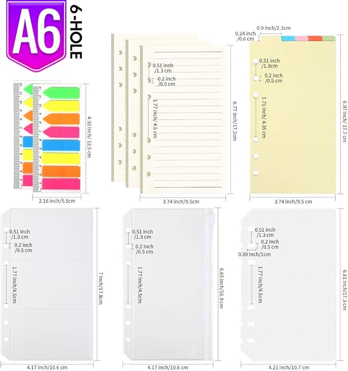 LEOBRO A6 Paper, Planner Inserts for A6 Binder, 6.73"x3.74" Lined Paper, with Binder Pockets & Dividers, for Refillable Notebook, Journal, Planner Refills