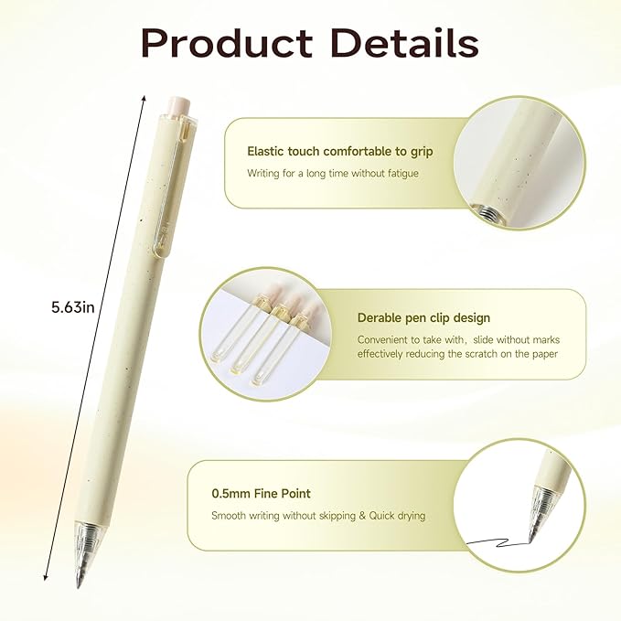 Gel Pens for Note Taking 12PCS RIANCY Black Ink Fine Point Pen Black Gel Pens Quick Dry Ink 0.5mm Smooth Writing Pen for Home Office Art Back to School Supplies (Cream)