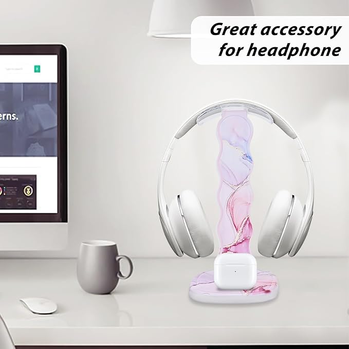 CamyCosy Headphone Stand Gaming Headset Holder for Desk,Luxury Pink Marble Pattern Earphone & Cellphone Stand Desk Accessories for All Headphones Size