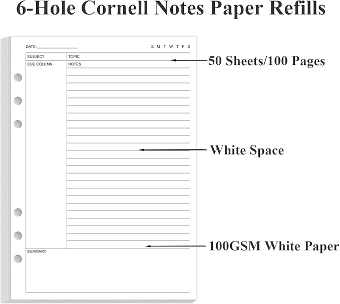 Cornell Notes Filler Paper for A5 Binder - 6 Hole Cornell Notes Refills Paper, 50 Sheets/100 Pages, 100gsm, White, 5.8'' x 8.5''