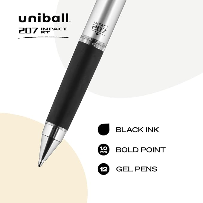 uniball 207 Impact Retractable Gel Pens, Bold Point (1.0mm), Black, 12 Pack