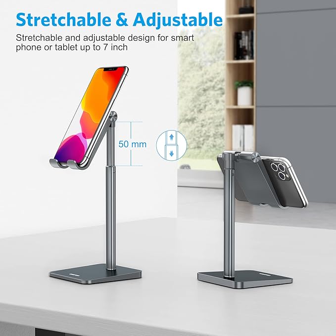 OMOTON Cell Phone Stand, Adjustable Angle Height Desk Phone Dock Holder for iPhone Air/17 Pro Max/ 11 Pro/XS Max/XR, Samsung Galaxy S20 / S10 / S9 / S8 and Other Phones (3.5-7.0-Inch), Gray