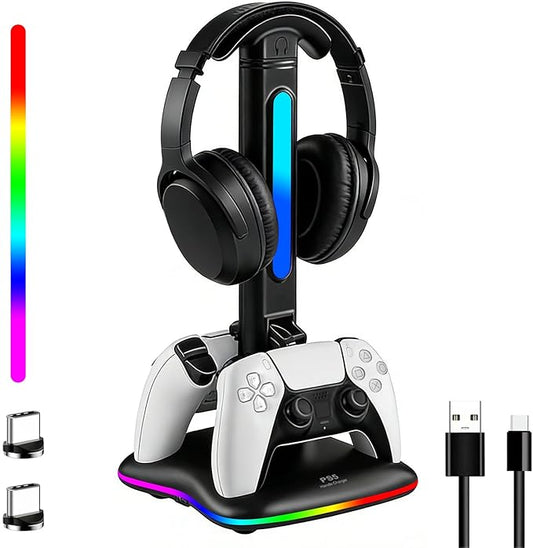PS5 Controller Charger with RGB Headphone Stand, PS5 Controller Charging Station with 2 USB Port, Headset and Controllers Stand Holder for PlayStation 5, Gaming Gifts for Gamers Men