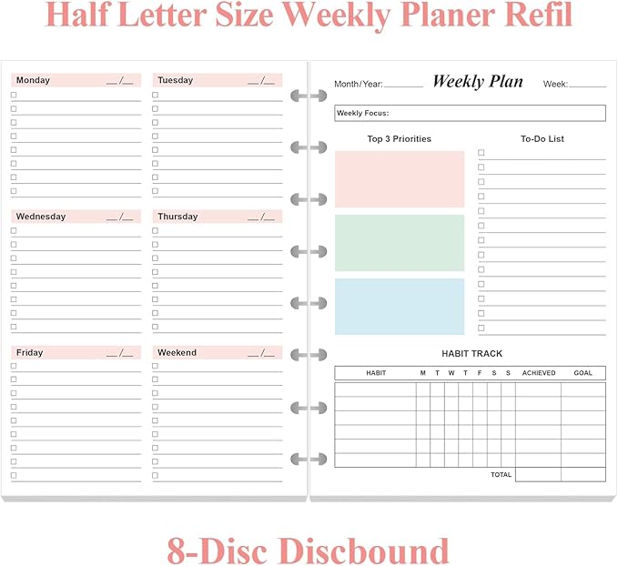 (2-Pack) Weekly Planner Undated Refills - Junior Size 106 Sheets/212 Pages Colorful Weekly Planner for 8-Disc Discbound, 100 gsm White Paper, Lasts 2 Year, Undated, 5.8" x 8.3"