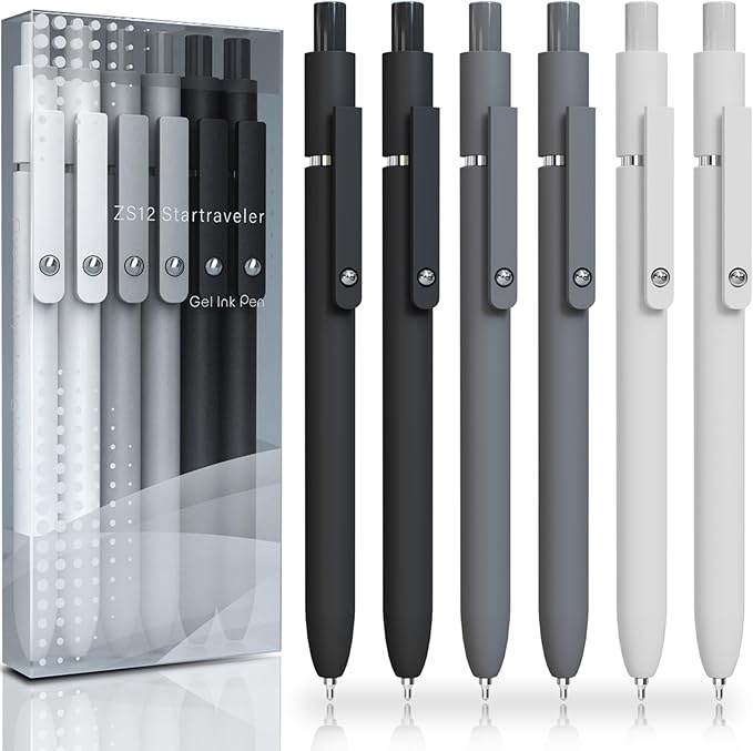 Gel Pens, 6 Pcs 0.5mm Fine Point Black Ink Pen With Smooth Writing, Office Desk Accessories, Writing Supplies Gifts for Men Women, Quick Dry Pens Ballpoint For Journaling, Black/Gray/White