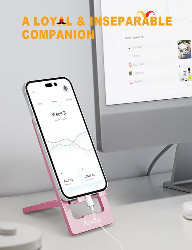 Phone Stand for Desk, Ultra-Thin Foldable Aluminum Phone Holder, Portable Travel & Office Cell Phone Stand Compatible with iPhone 17 16 15 14 13 12 Pro Max, Fits 3.7"-7" Devices, Pink