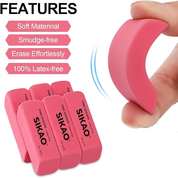 Pink Erasers, 6 Pack Pencil Erasers for Kids – Latex-Free & Smudge-Free Beveled Rubber Erasers for School Supplies, Classroom, Art & Homework