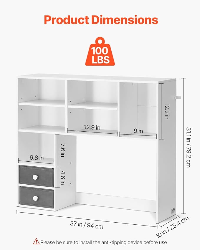 VEVOR 3-Tier Desktop Bookshelf, 37" x 10" x 31.1" Office Storage Rack, Modern Style, Melamine Finish, Heavy Duty, 3 Shelves, Large Capacity, Easy Assembly, Wall Mountable, White