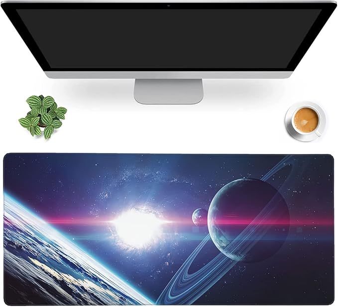 Planets and Nebula in Space Extended Gaming Mouse Pad Large Desk Mat with Non-Slip Rubber Base and Stitched Edges,Keyboard Mouse Mat Desk Pad for Work,Game,Office,Home 35.4 * 15.7 Inch