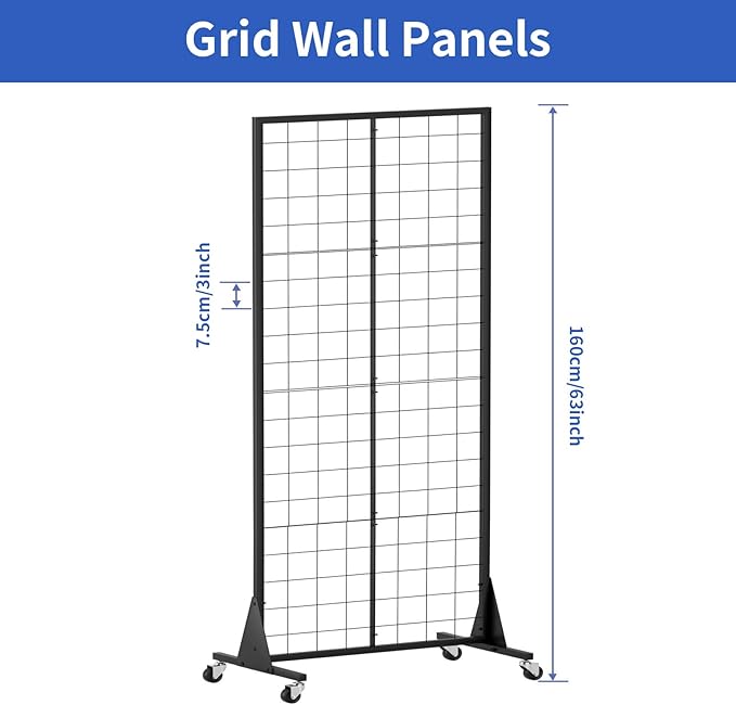 Gridwall Panel Display Stand, 2'x5.5' Heavy Duty Floor Standing Rack with Detachable Girdwall, Movable Silent Wheel, Easy to Transport, Ideal for Retail & Craft Fairs