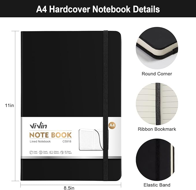 ViVin A4 College Ruled Notebook for Work, 8.5" x 11" Leather Hardcover Journal,192 Pages Professional Lined Notebook for Office & Business