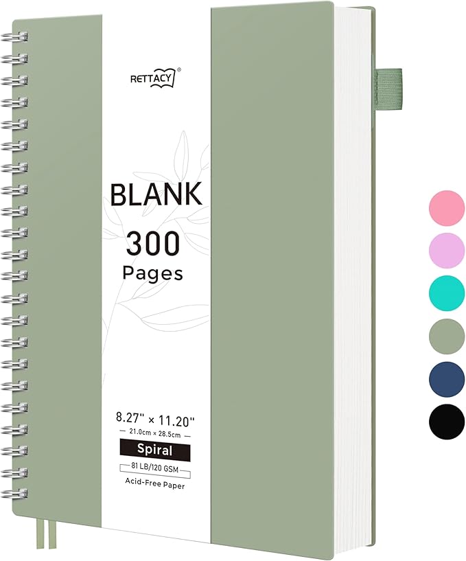 RETTACY Blank Journal Notebook, 300 Pages, A4 Large Size (8.2'' x 11.2''), 120 GSM Thick Paper, Flexible Plastic Cover, Spiral-bound, for Sketching, Drawing, Painting (Light Green)