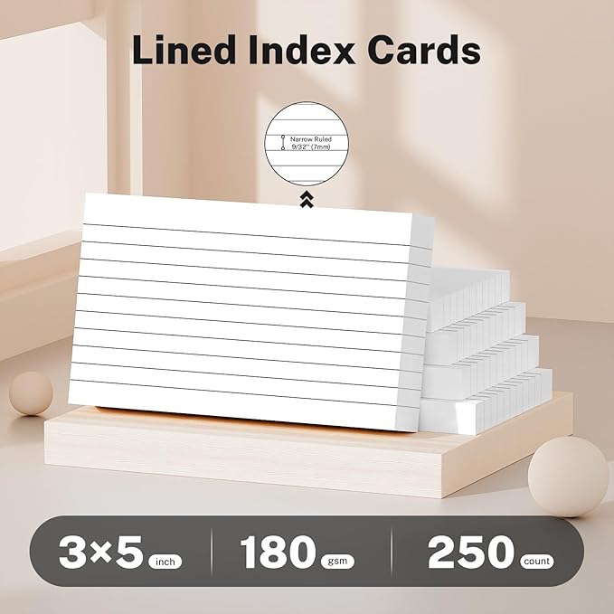 250 Count White Index Cards 3 X 5, Ruled Flash Cards For Studying, Heavy Weight Notecards Lined School Supplies College, Note Cards Lined For Home, Office, School, 5 Pack Flashcards
