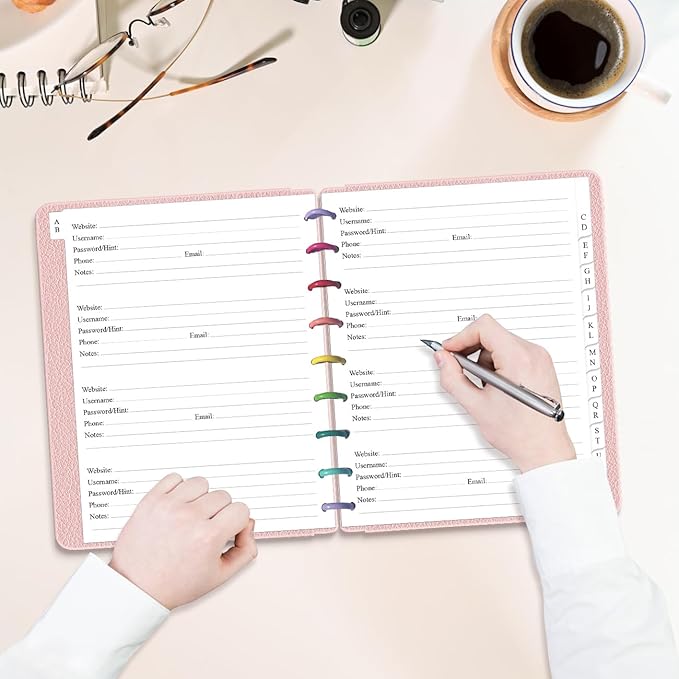 9-Disc Discbound Password Book Refills for Happy Planners - A-Z Password Notebook Refill Paper with Alphabetical Tabs, 120gsm White Paper, 7" x 9.25"