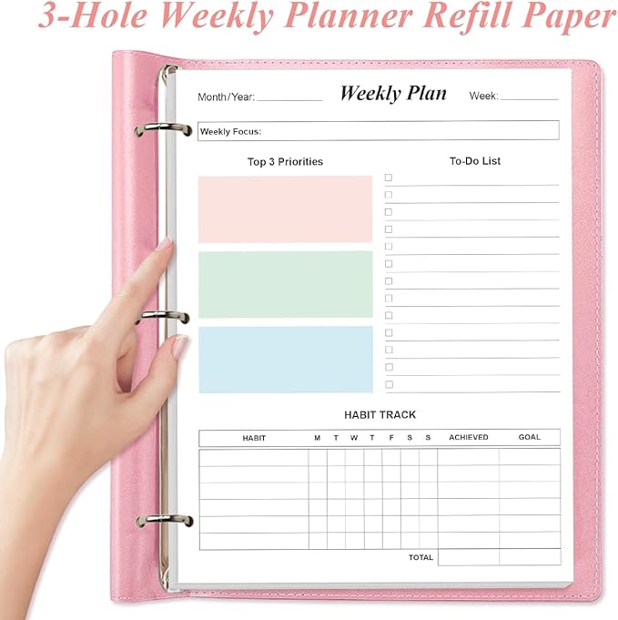 (2-Pack) 3-Hole Weekly Planner Refills - 106 Sheets/212 Pages Colorful Weekly Planner for 3 Ring Binders, 100 gsm White Paper, Lasts 2 Year, Undated, 8.5'' x 11''