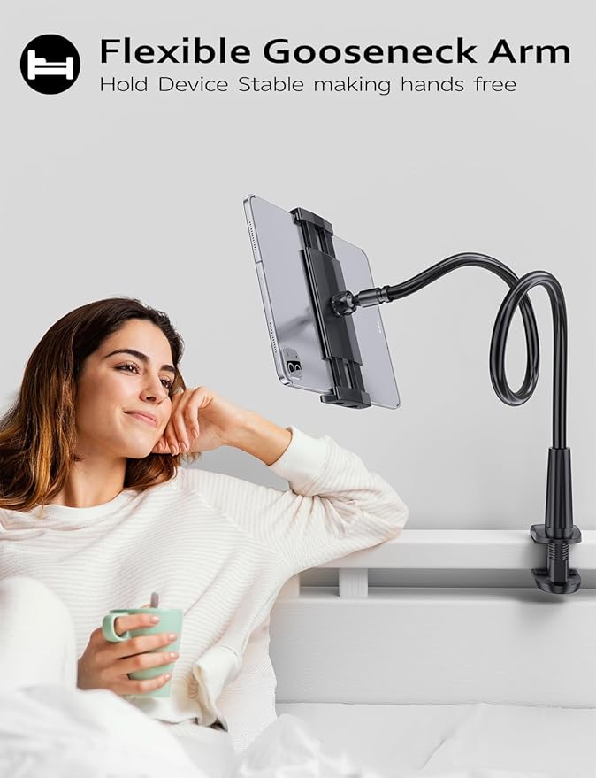 Tryone Gooseneck Tablet Holder Stand for Bed Adjustable Flexible Arm Tablets Mount Clamp on Table Compatible with iPad Air Mini | Galaxy Tabs | Kindle Fire | Switch or Other 4.7-10.5" Devices