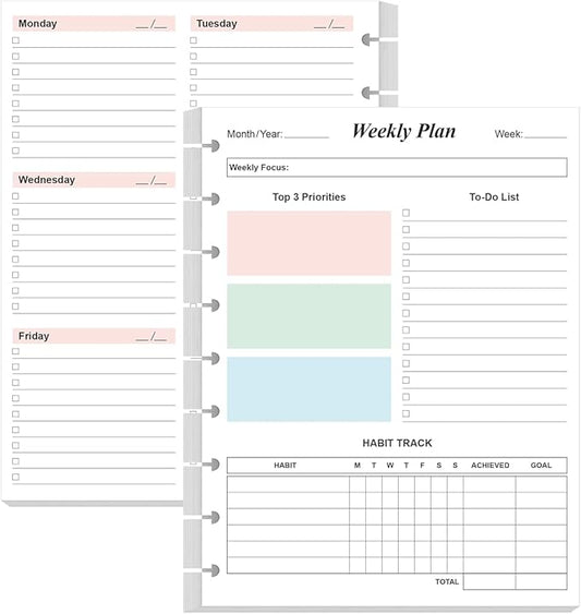 (2-Pack) 9 Disc Weekly Planner Undated Refills - Classic Size 106 Sheets/212 Pages Colorful Weekly Planner for Happy Planners Insert, 100 gsm White Paper, Lasts 2 Year, Undated, 7" x 9.25"