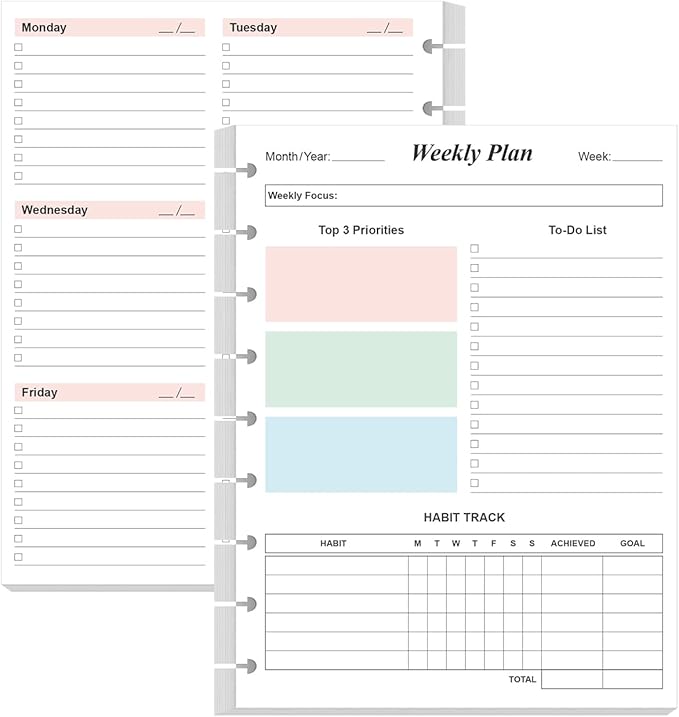 9 Disc Weekly Planner Undated Refills - Classic Size 53 Sheets/106 Pages Colorful Weekly Planner for Happy Planners Insert, 100 gsm White Paper, Lasts 1 Year, Undated, 7" x 9.25"