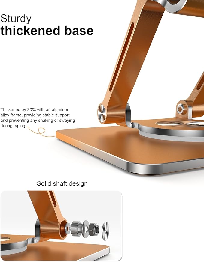 OrlianTablet Stand Holder with Thickened 360°Rotating Base Dual Rod Adjustable Aluminum Stand for All 5.8-12.9” iPad Samsung Phone Tablet Kindle E-Reader and More, Gold