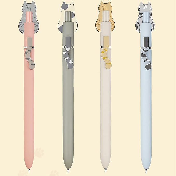 Cat Pens, 4 Pcs 0.5mm Japanese Pens, Cute Kawaii Black Ink Fine Point Smooth Writing Pens (4 Pcs Morandi Cat)