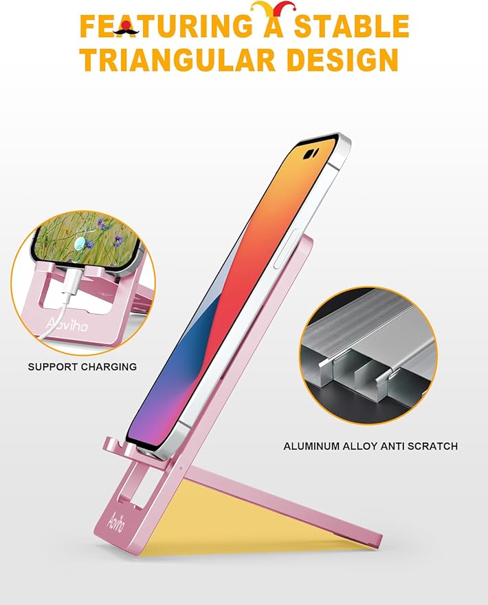 Phone Stand for Desk, Ultra-Thin Foldable Aluminum Phone Holder, Portable Travel & Office Cell Phone Stand Compatible with iPhone 17 16 15 14 13 12 Pro Max, Fits 3.7"-7" Devices, Pink
