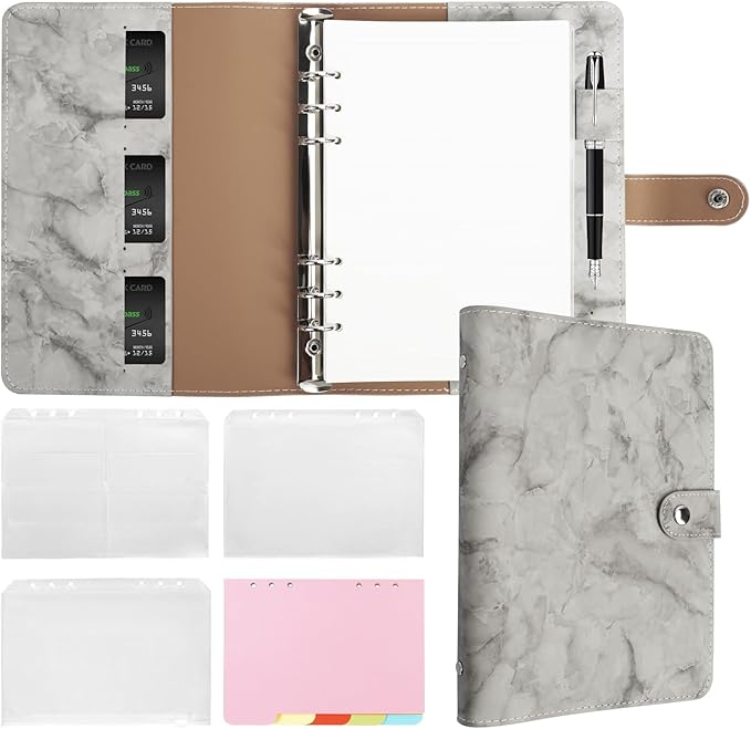 FYY A5 Binder Refillable Planner Notebook 6 Ring PU Leather Binder Journal with Pockets, Dividers, Refill Paper Marble Grey