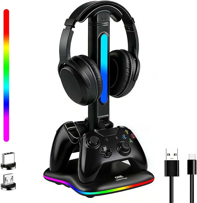 Controller Charger with RGB Headphone Stand for Xbox Series X/S/One/One S/X, XSX Controller Charger Station, Headset and Controllers Stand Holder for Xbox, Gaming Gifts for Gamers Men