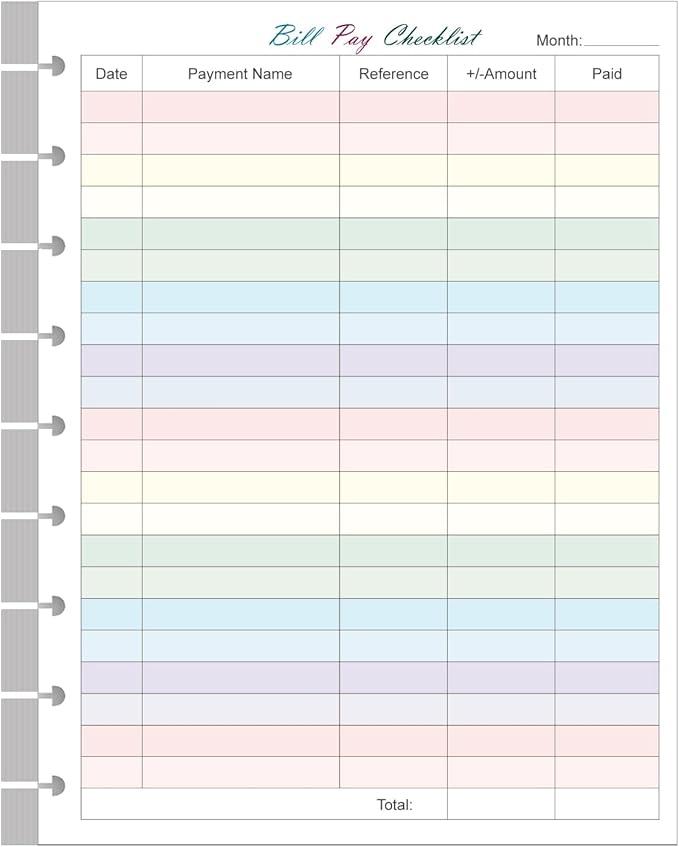 Bill Pay Checklist Refills - 50 Sheets/100 Pages Classic Size Colorful Monthly Budget Forms for 9-Disc Happy Planners, 7"x9.25"