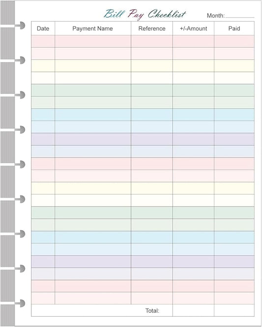 Bill Pay Checklist Refills - 50 Sheets/100 Pages Classic Size Colorful Monthly Budget Forms for 9-Disc Happy Planners, 7"x9.25"