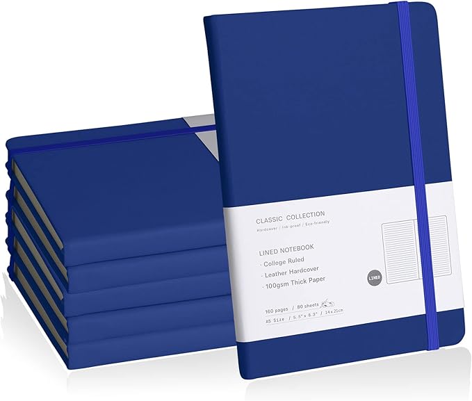 Lined Journal Notebook, 6Pack Hardcover Notebook for Men & Women – Journals for Writing, Work, School, Home & Daily Notes, 160 Pages – Medium A5, 5.7"x8", 100 gsm Thick Paper (Blue)