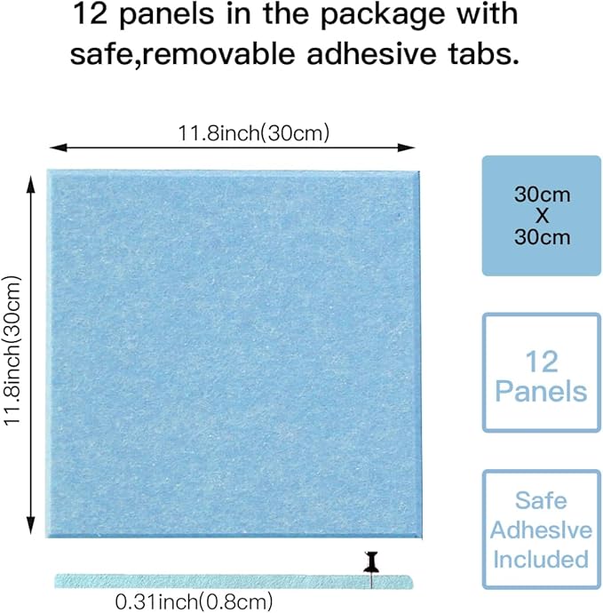 Large Cork Board Alternative, 11.8''x11.8'' 12 Pack Felt Bulletin Board with Safe Removable Adhesive Tabs, Connectable Felt Wall Tiles Bulletin Boards Cork Boards for Walls Pin Board Tack Board-Blue
