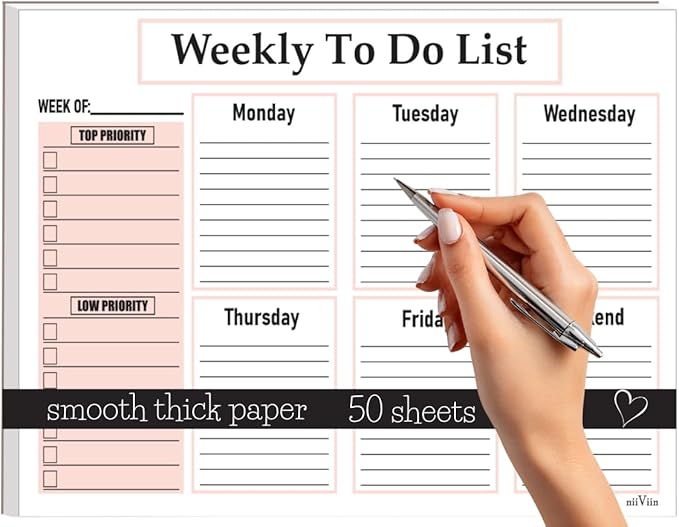 Weekly To Do List Notepad - Weekly Planner Notepad, ADHD Planner for Adults, 50 Tear-Off 8.5" x 11" Sheets, Extra Thick Backing