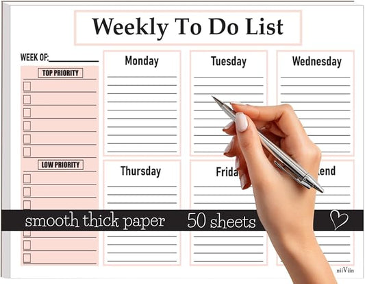 Weekly To Do List Notepad - Weekly Planner Notepad, ADHD Planner for Adults, 50 Tear-Off 8.5" x 11" Sheets, Extra Thick Backing