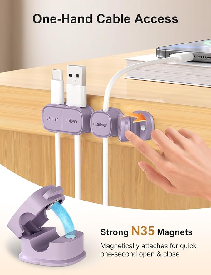 6 Pack Magnetic Cable Clips [1s Open/Lock], Laitver Cord Organizer Holder Strong Adhesive Desk Cable Management- Organize Charging Cords Neatly for Home, Office, Car,Desk, Nightstand-Purple
