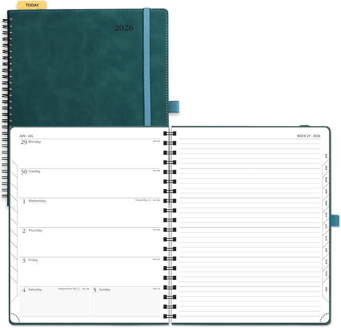 POPRUN 2026 Planner Weekly Notebook Calendar (Jan-Dec), Large Size 8.5'' x 10.5'' - Agenda 2026 Appointment Book with Monthly Tabs, Inner Pocket, Spiral Soft Cover, 100 GSM TJ - Petrol