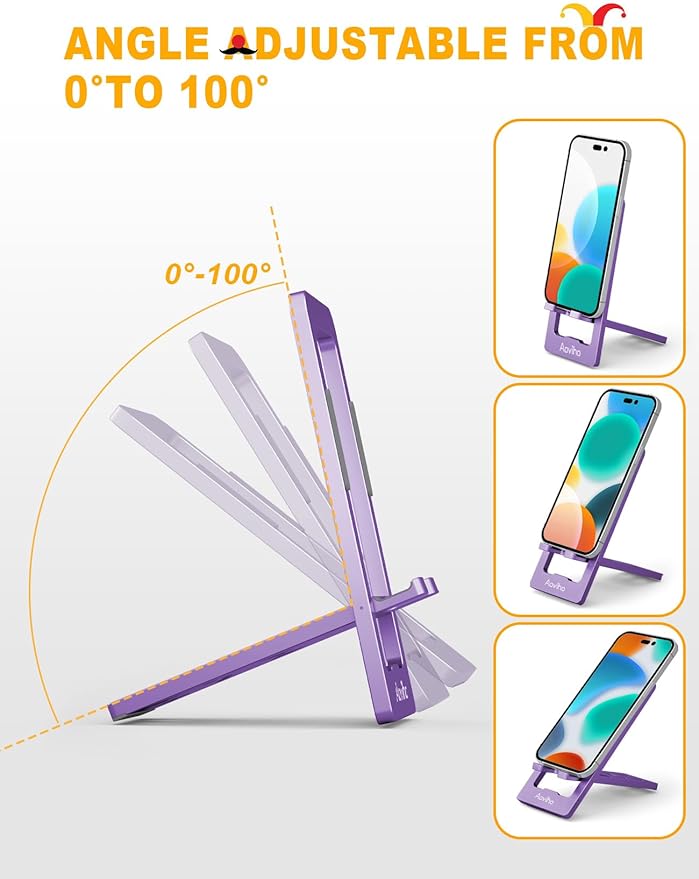 Phone Stand for Desk, Ultra-Thin Foldable Aluminum Phone Holder, Portable Travel & Office Cell Phone Stand Compatible with iPhone 17 16 15 14 13 12 Pro Max, Fits 3.7"-7" Devices, Purpel