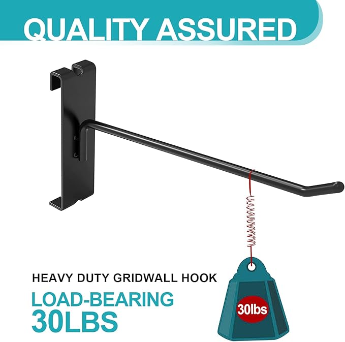 HJW Gridwall Hooks 6 Inch, 50Pcs Display Hooks for Grid Wall Panel, Sturdy Gridwall Hooks & Hangers for Retail Shop Home Office Garage Storage, Black